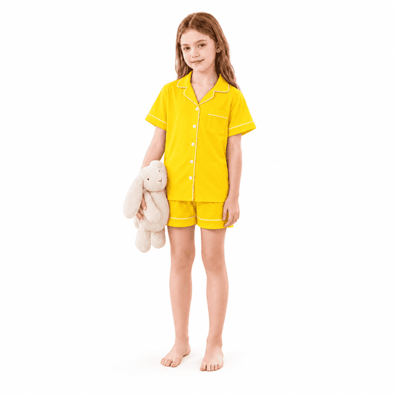 Girls Lapel Button Down Pajama 2 Piece Set Short Sleeve Top and Shorts Kids Sleep Loungewear