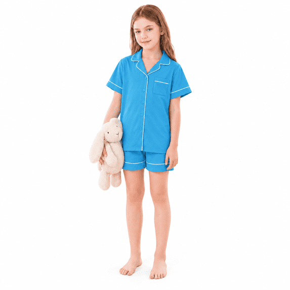 Girls Lapel Button Down Pajama 2 Piece Set Short Sleeve Top and Shorts Kids Sleep Loungewear