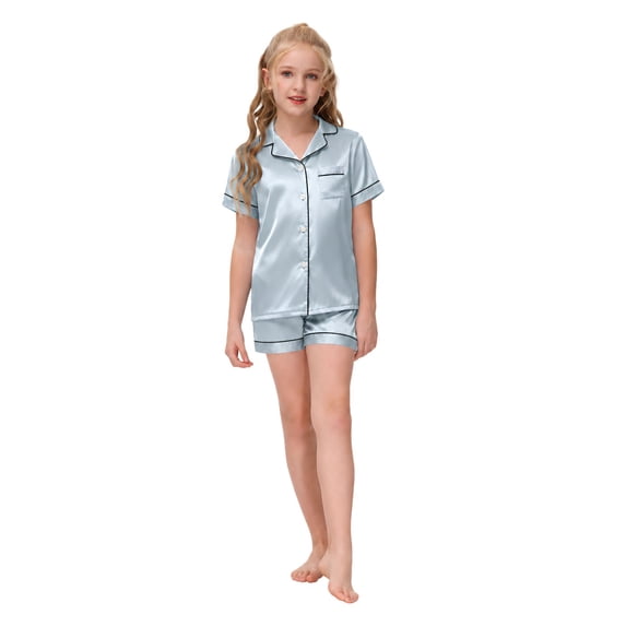 Girls Lapel Button Down Short Sleeve Pajama 2 Piece Set Top and Shorts Kids Sleep Loungewear Outfit
