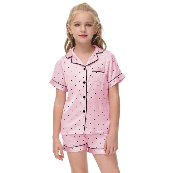 Girls Lapel Button Down Short Sleeve Pajama 2 Piece Set Top and Shorts Kids Sleep Loungewear Outfit