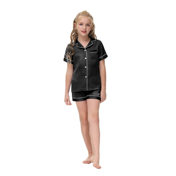 Girls Lapel Button Down Short Sleeve Pajama 2 Piece Set Top and Shorts Kids Sleep Loungewear Outfit