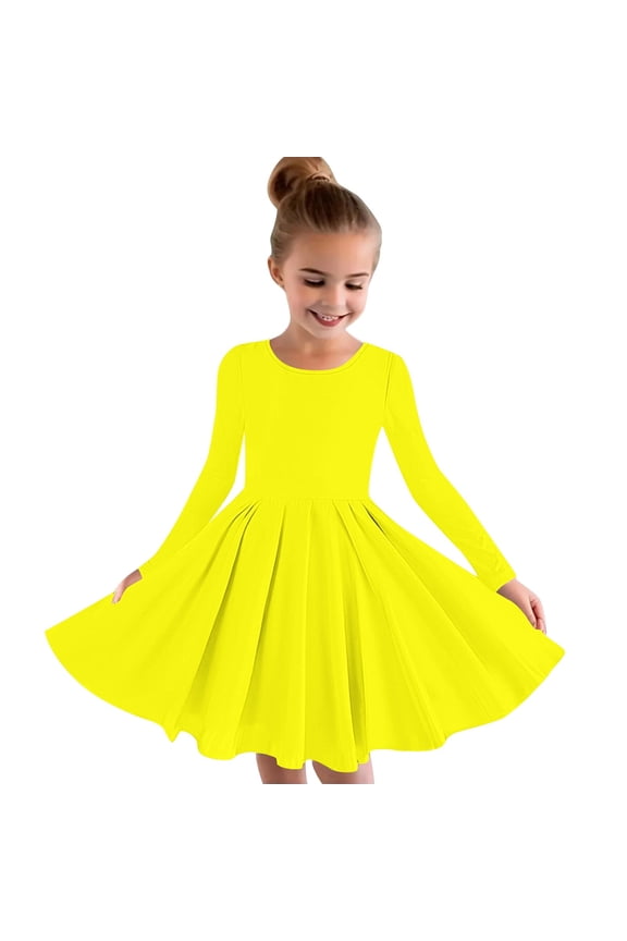 Girls Latin Dance Dress Long Sleeves A Line Twirly Dresses Ballroom Tango Performance Costume Yellow 9 Years
