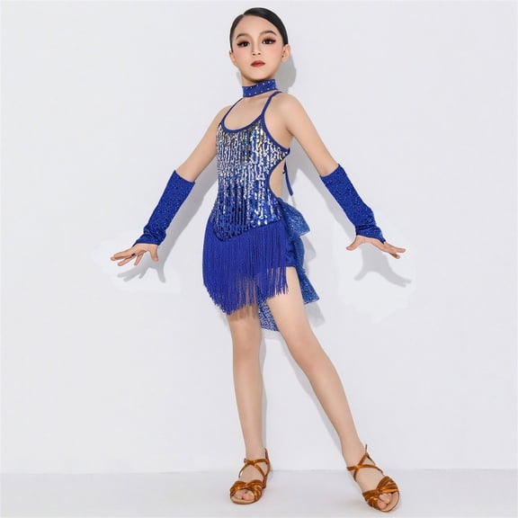 Girls Latin Dance Dress Sequin Tassel Dancewear Sleeveless Halter Dress Fringe Performance Outfits Kids Ballroom Salsa Tango Jazz Clothes Set with Gloves Blue 7-8 Years