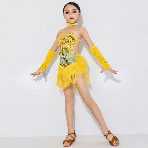 Girls Latin Dance Dress Sequin Tassel Dancewear Sleeveless Halter Dress Fringe Performance Outfits Kids Ballroom Salsa Tango Jazz Clothes Set with Gloves Yellow 11-12 Years