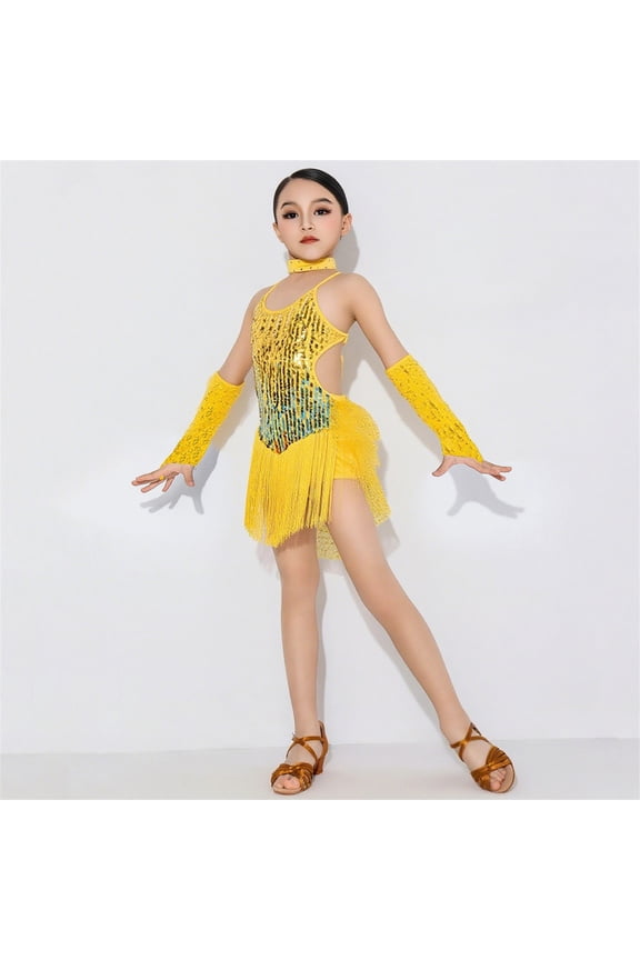 Girls Latin Dance Dress Sequin Tassel Dancewear Sleeveless Halter Dress Fringe Performance Outfits Kids Ballroom Salsa Tango Jazz Clothes Set with Gloves Yellow 11-12 Years