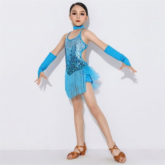 Girls Latin Dance Dress Sequin Tassel Dancewear Sleeveless Halter Dress Fringe Performance Outfits Kids Ballroom Salsa Tango Jazz Clothes Set with Gloves Sky Blue 7-8 Years