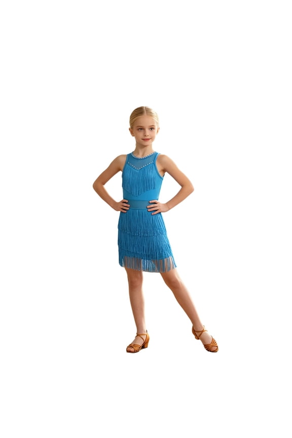 Girls Latin Dance Dress Sleeveless Fringe Tassel Dress for Kids Ballroom Salsa Cha Cha Rumba Competition Performance Practice with Rhinestone Mesh Neckline Open Back