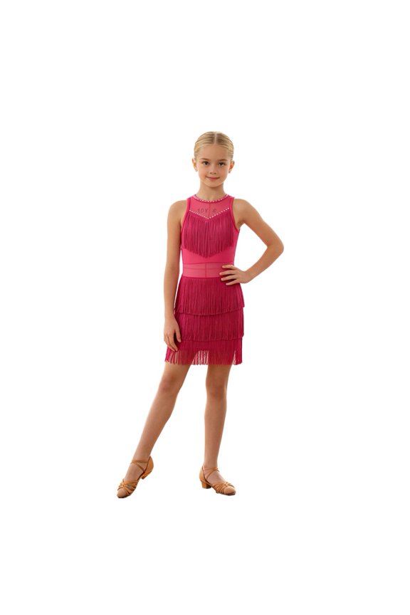 Girls Latin Dance Dress Sleeveless Fringe Tassel Dress for Kids Ballroom Salsa Cha Cha Rumba Competition Performance Practice with Rhinestone Mesh Neckline Open Back