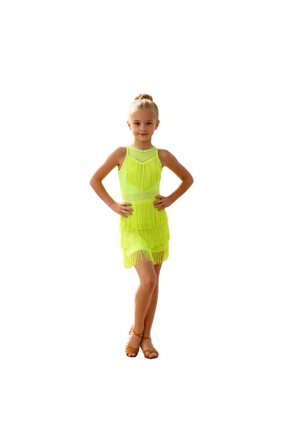 Girls Latin Dance Dress Sleeveless Fringe Tassel Dress for Kids Ballroom Salsa Cha Cha Rumba Competition Performance Practice with Rhinestone Mesh Neckline Open Back
