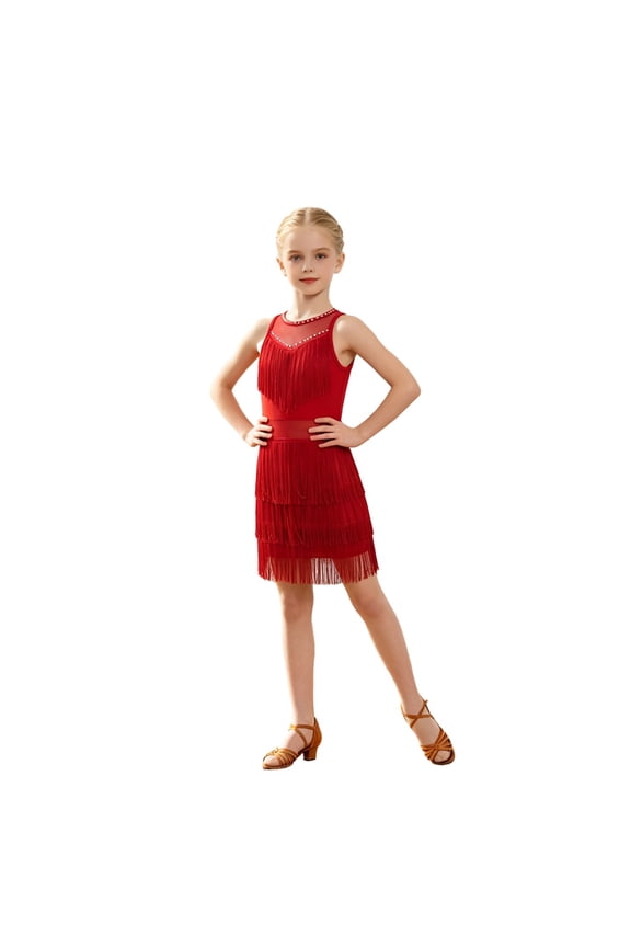 Girls Latin Dance Dress Sleeveless Fringe Tassel Dress for Kids Ballroom Salsa Cha Cha Rumba Competition Performance Practice with Rhinestone Mesh Neckline Open Back