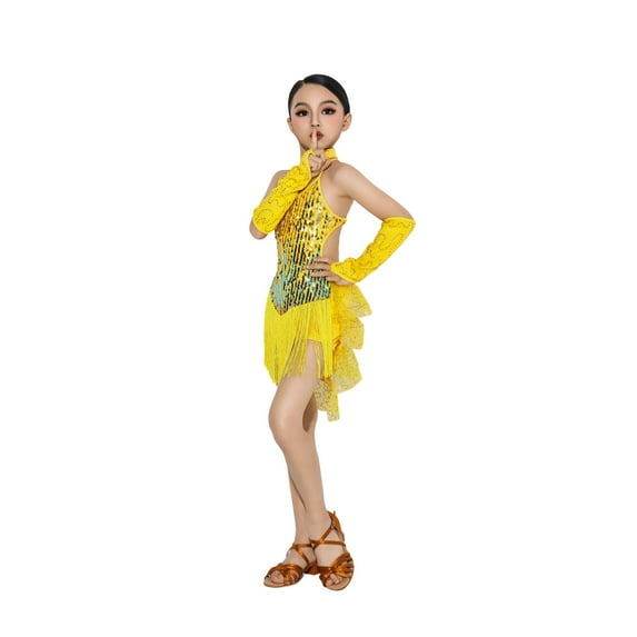 Girls Latin Dance Dress Sparkling Fringe Sleeveless Performance Princess Dresses 7-8 Years
