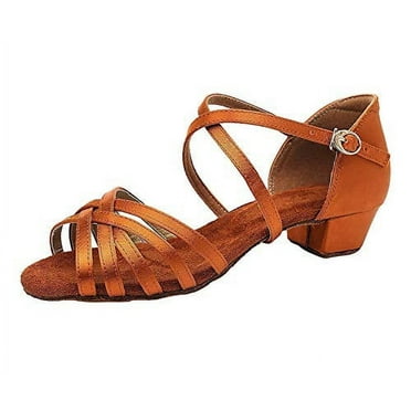 Girls' Latin Dance Shoes Satin Ballroom Salsa Practice Dancing Shoes for Kids(12,Tan)