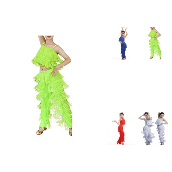 Girls Latin Dancewear Set, Tassel Camisole and Fringe Pants, 2 Piece Modern Salsa Ballroom Outfit