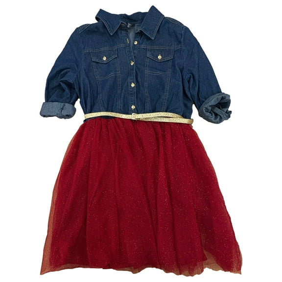 Lilt Girls Sparkly Burgandy Tulle & Denim Christmas Holiday Shirt Dress XXL 20.5