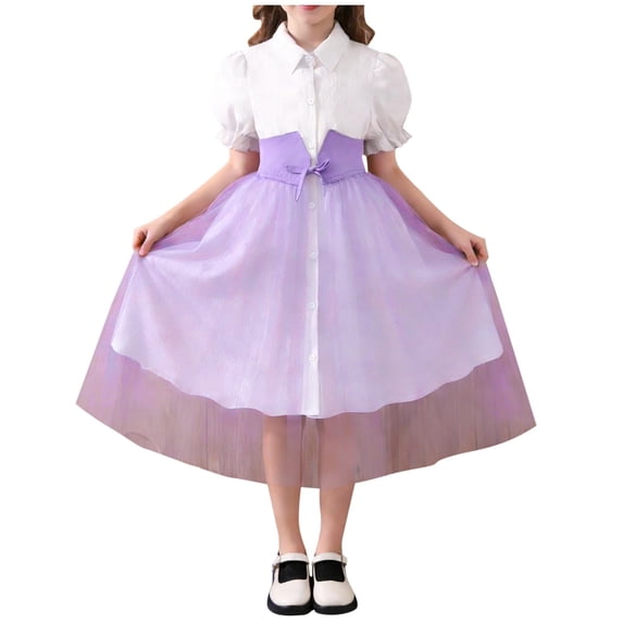 Girls Lavender Tulle Dress with Shirt Collar, Puff Sleeves & Bow Waist for Birthday Party Easter Holiday,Size 10-11 T