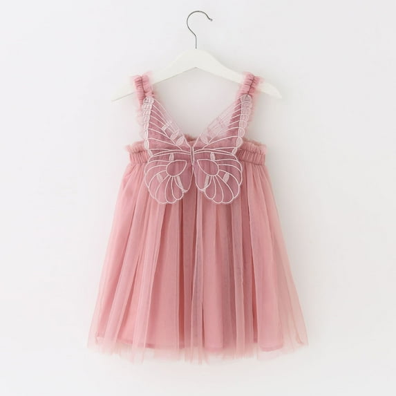 Girls Layered Tulle Dress A-Line Pink Dress for Girls Sleeveless Princess Butterfly Wings Toddler Dress Easter Dresses for Girls 5-6 Years