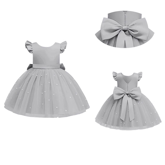 Girls Layered Tulle Dress Sleeveless Gray V-Back with Big Bow Girls Tulle Dress Girls 4th Of July Dress 4T