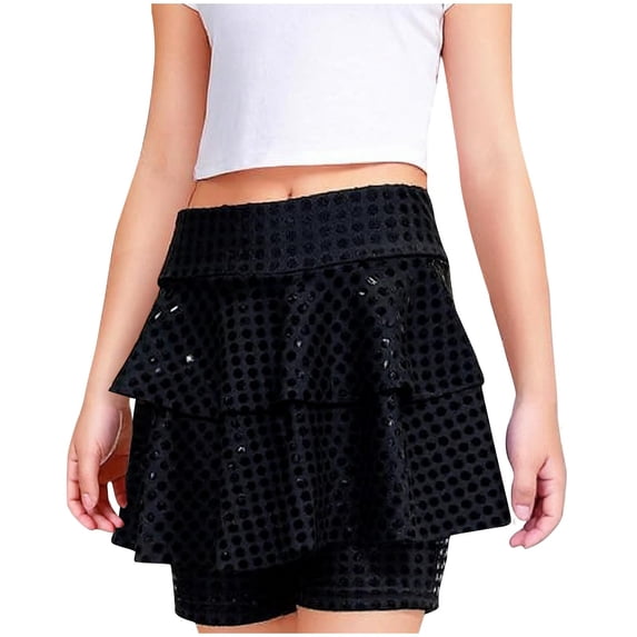 Girls Layers Metallic Shorts Shiny Sparkle Ruffle Skorts Elastic Waist Pleated Sequin Shorts