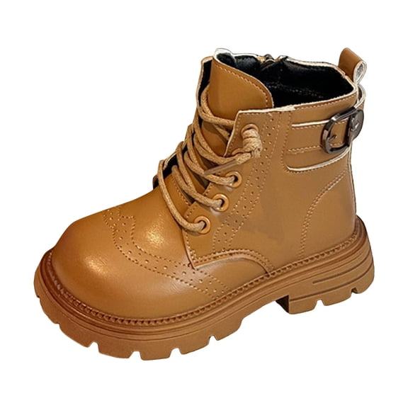 Girls Leather Ankle Combat Boots Toddler Kids Wide Toe Box Lace Up Riding Booties Platform Non Slip Motocycle BootsBrown Size 1 Big Kids