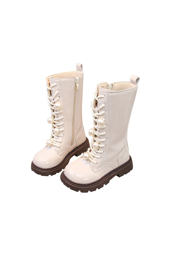 Girls Leather Lace Up Knee High Boots with Side Zipper Fashion Comfortable Round Toe Low Heel Combat Riding Boots Winter Tall Boots Little Kid/Big Kid