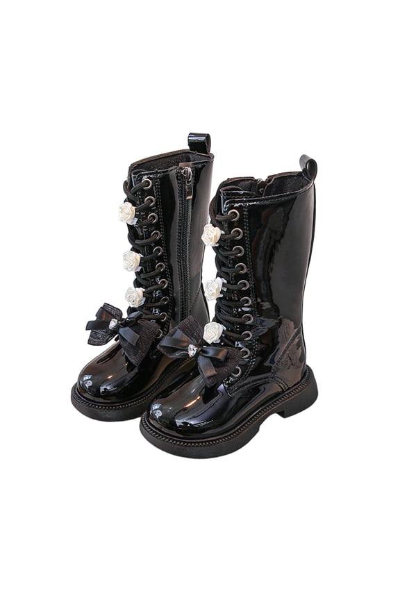 Girls Leather Lace-Up Knee High Winter Boots Fashion Bow Tie Mid Calf Riding Boots (Little Kid & Big Kid)