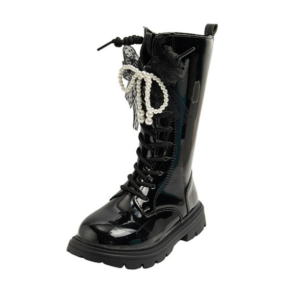 Girls Leather Lace-Up Waterproof Knee High Side Zipper Mid Calf Combat Riding Winter Boots (Little Kid/Big Kid),Color:Black,Size:4-4.5 Years