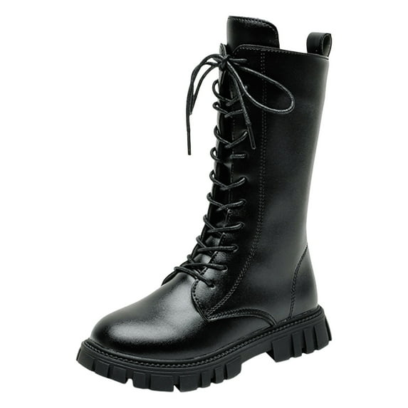 Girls Leather Lace-Up Waterproof Side Zipper Mid Calf Combat Riding Winter Boots(Color:Black,Size:7-8 Years)
