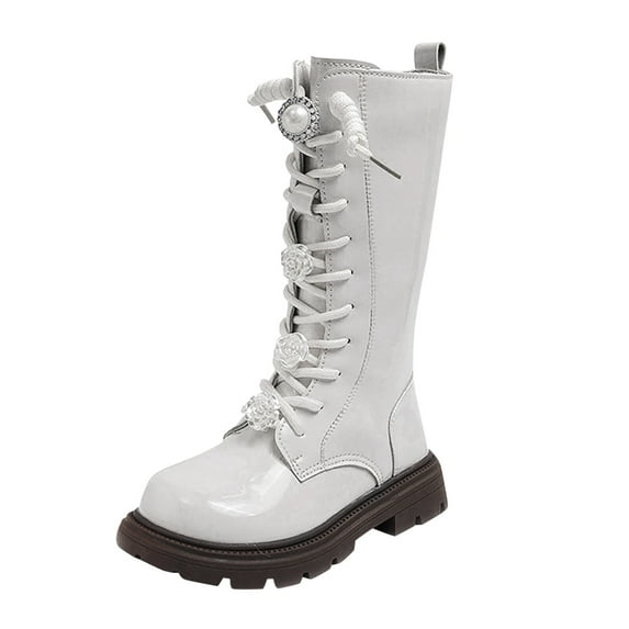 Girls Leather Lace-Up Waterproof Side Zipper Mid Calf Combat Riding Winter Boots(Color:White,Size:3.5-4 Years)