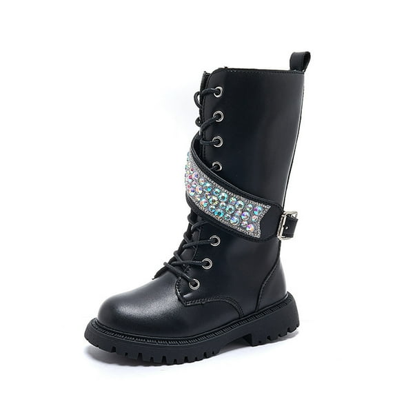 Girls Leather Lace-Up Waterproof Side Zipper Mid Calf Riding Winter Boots (Toddler/Little Kid)(Color:Black,Size:4-4.5 Years)
