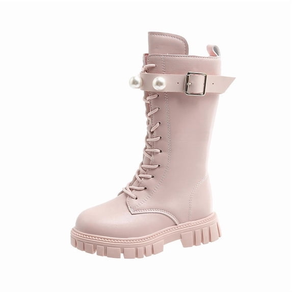 Girls Leather Riding Knee High Boots with Cute Pearl Decor Side Zipper Comfort Round Toe Chunky Heel Boots Fashion Buckle Straps Lace Up Non-slip Lug Sole Winter Boots Pink 34