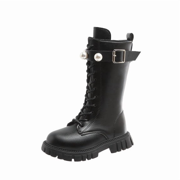 Girls Leather Riding Knee High Boots with Cute Pearl Decor Side Zipper Comfort Round Toe Chunky Heel Boots Fashion Buckle Straps Lace Up Non-slip Lug Sole Winter Boots Black 31