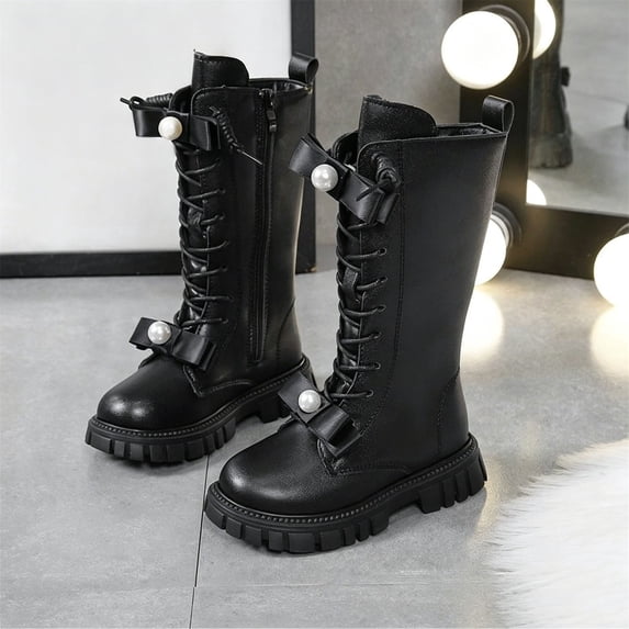 Girls Leather Riding Knee High Boots with Side Zipper Fashion Round Toe Comfortable Low Heel Lace Up Combat Boots Lug Sole Motorcycle Boots Little Kid/Big Kid
