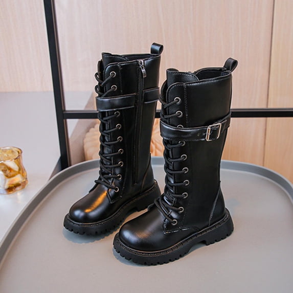 Girls Leather Riding Knee High Boots with Side Zipper Fashion Round Toe Comfortable Low Heel Lace Up Combat Boots Lug Sole Motorcycle Boots Little Kid/Big Kid