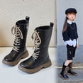thumbnail image 1 of Girls Leather Riding Knee High Boots with Side Zipper Fashion Round Toe Comfortable Low Heel Lace Up Combat Boots Lug Sole Motorcycle Boots Little Kid/Big Kid, 1 of 8