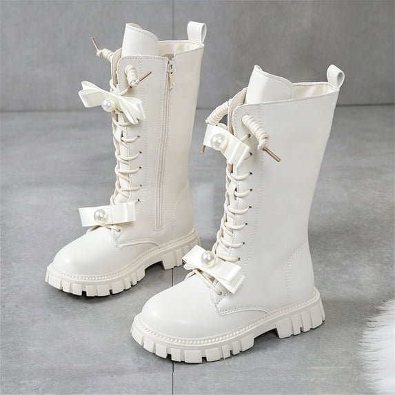 Girls Leather Riding Knee High Boots with Side Zipper Fashion Round Toe Comfortable Low Heel Lace Up Combat Boots Lug Sole Motorcycle Boots Little Kid/Big Kid