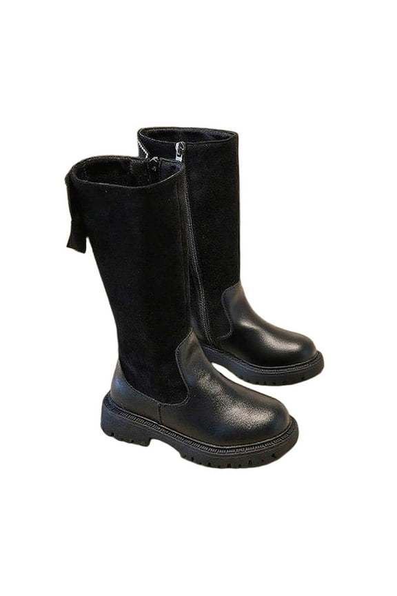 Girls Leather Riding Knee High Boots with Side Zipper Cute Round Toe Comfortable Low Heel Lace Up Boots for Little Kid/Big Kid