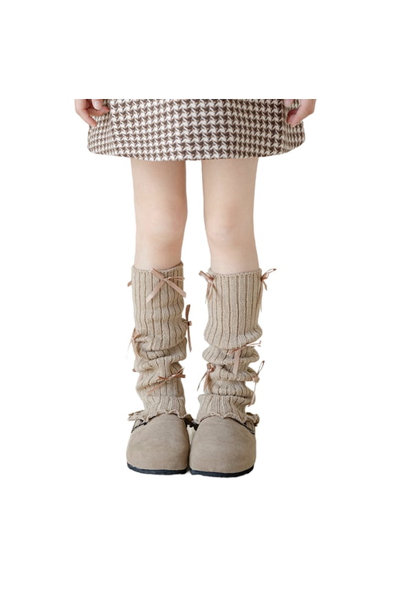 Girls Leg Warmers, Cable Knit Bow Decorated, Thickened Winter, Coffee Brown, for Toddlers Kids Aged 3-15, Thermal Insulated