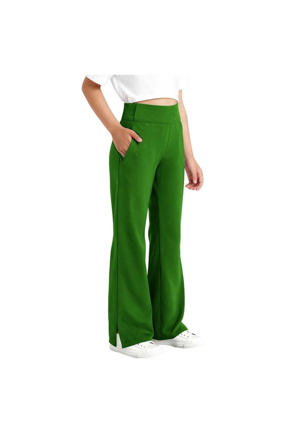 Girls' Leggings Cross Flare Pants with Pockets Black Soft Stretchy High Waisted Pants for Kids Child Yoga Dance Green 8-9 Years