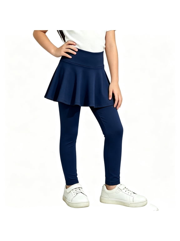 Girls Leggings with Skirt 2 in 1 High Waisted, Flowy Athletic Tennis Skirted Legging Kids Dance Tights