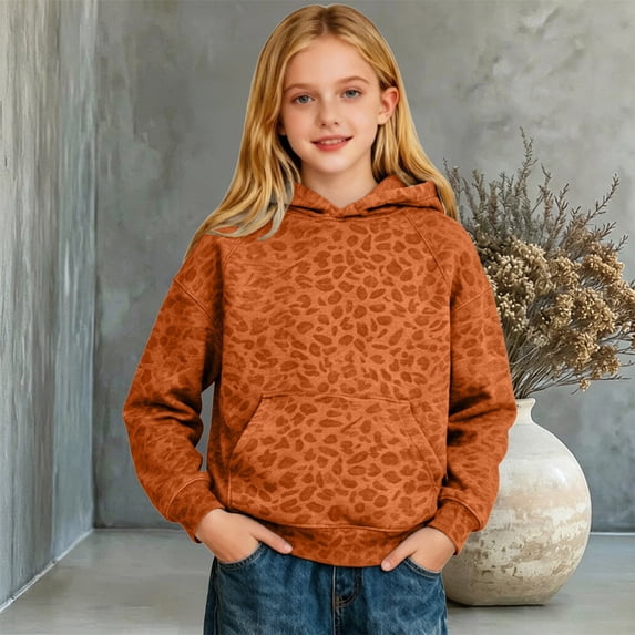 Girls Leopard Hoodie Oversized Y2k Print Hoodies with Pocket Pullover Trendy Hooded Long Sleeve Casual Sweatshirt Fashion Streetwear Fall Winter Clothes(Brick Red,9-10 Year)
