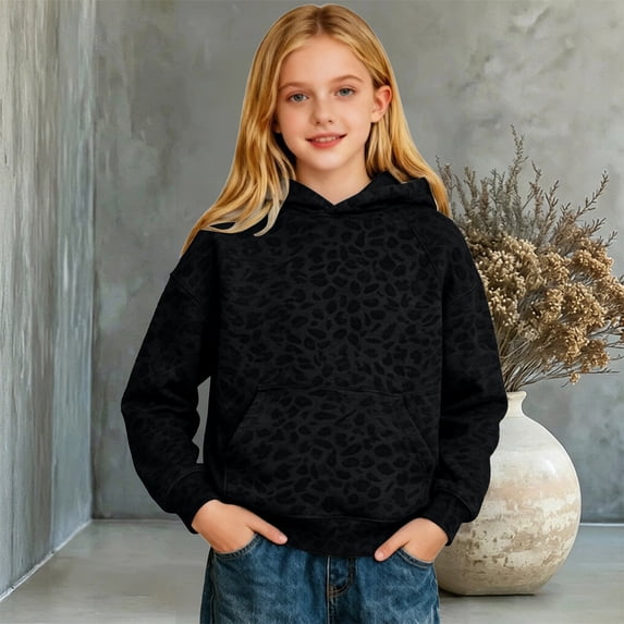 Girls Leopard Hoodie Oversized Y2k Print Hoodies with Pocket Pullover Trendy Hooded Long Sleeve Casual Sweatshirt Fashion Streetwear Fall Winter Clothes(Black,3-4 Year)