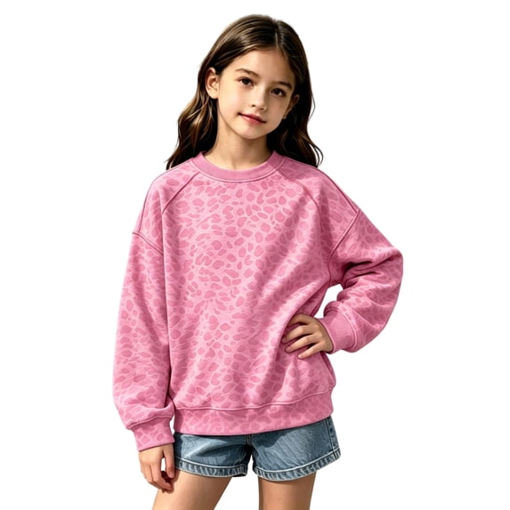 Girls Leopard Print Crewneck Sweatshirt Long Sleeve Ribbed Cuffs Casual Loose Fit Fall Pullover Sweatshirt