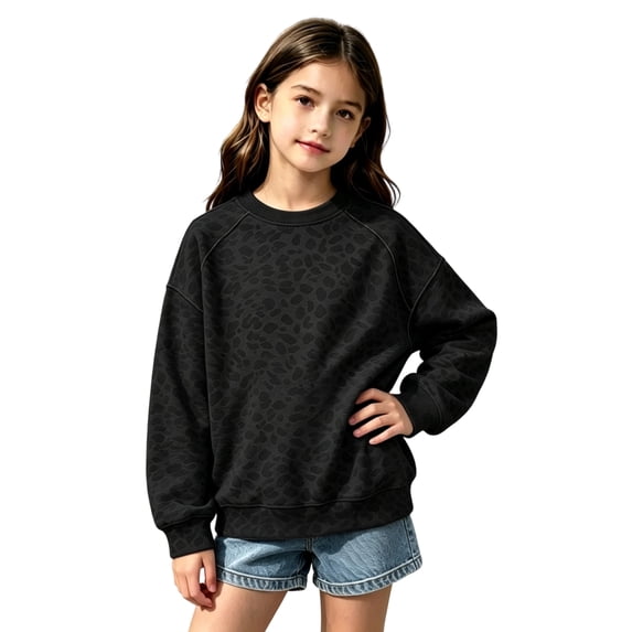 Girls Leopard Print Crewneck Sweatshirt Long Sleeve Ribbed Cuffs Casual Loose Fit Fall Pullover Sweatshirt