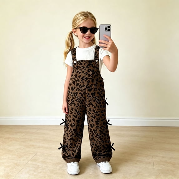 Girls Leopard Print Overalls Adjustable Strap Wide Leg Jumpsuit Cute Bow Side Sleeveless Bib Pants (Brown)