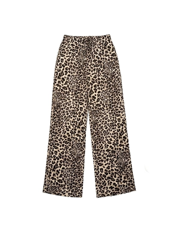 Girls Leopard Print Pants Drawstring Waist Soft Wide Leg Pants Comfort Trousers for Summer 3-14 Years