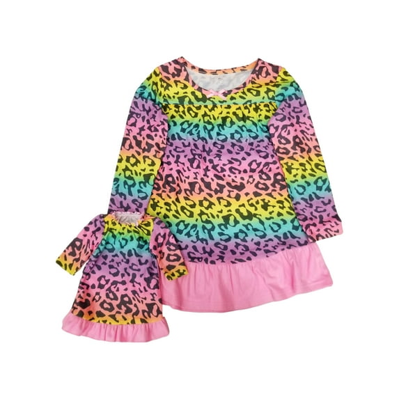 Girls Leopard Print Pink Yellow Purple Matching Rainbow Nightgown Set 7-8