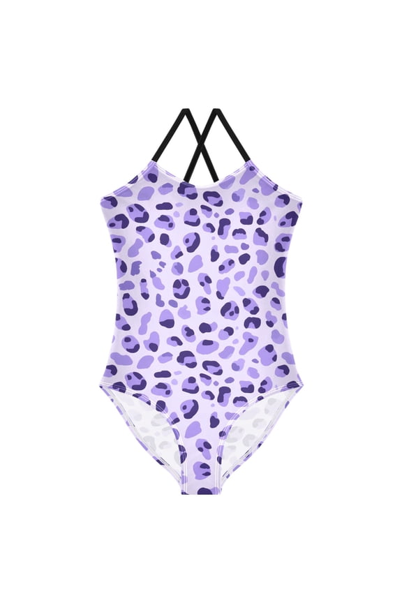 Girls Leopard Purple-a1 Print One Piece Swimsuit, Cross Back Spaghetti Strap Bathing Suit for Kids Summer Beach Pool Swimwear 5-6T