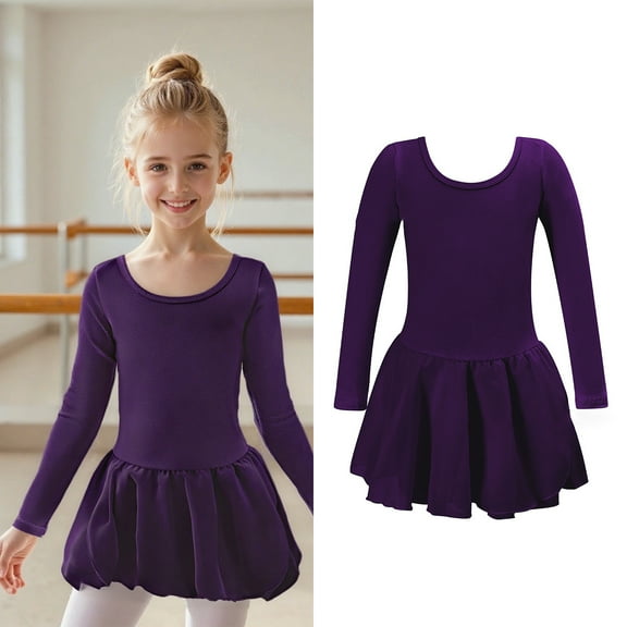 Girls Leotards for Ballet Long Sleeve Purple Ballet Leotard for Girls with Glitter Skirt Ballet Outfit Girls Leotard Size 6-7 Years