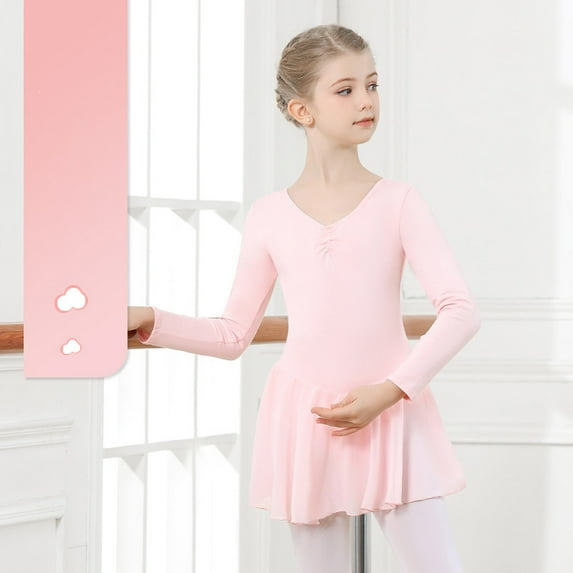 Girls Leotards for Gymnastics Elegant Ballerina Bodysuit Solid Long Sleeve Dancewear Translucent Tutu Skirted Leotard Pink-Long Sleeve 12-16Years