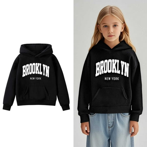 Girls Letter Print Hooded Pullover Soft Long Sleeve Casual Sweatshirt For Daily Wear And Halloween Festivities